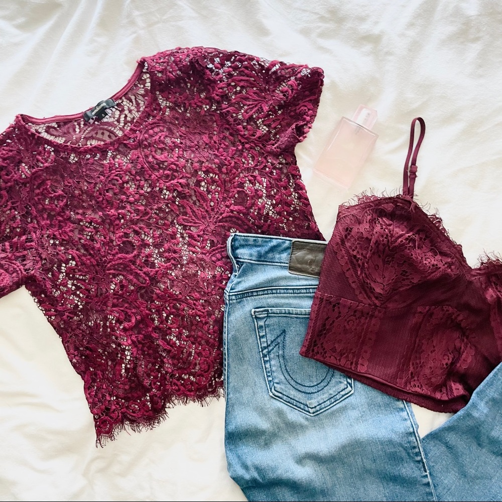 Ambiance Purple Lace Sheer Tee Crew Neck Lace Trim
